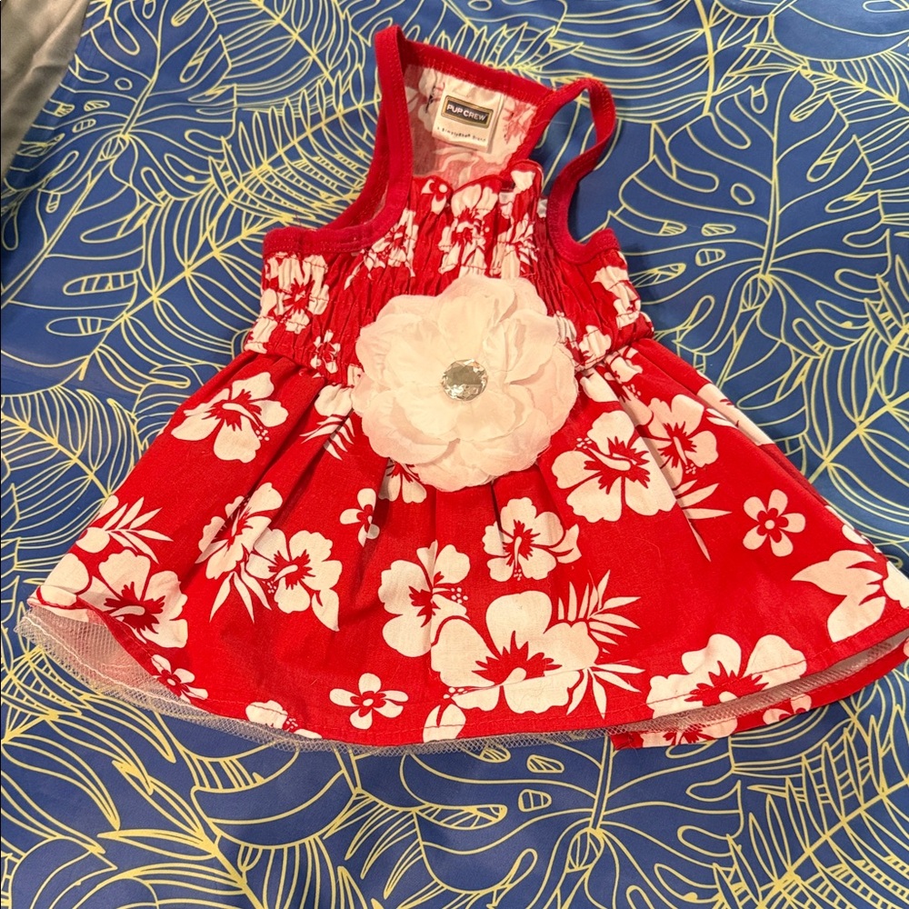 Red Floral dog Dress with White Flower